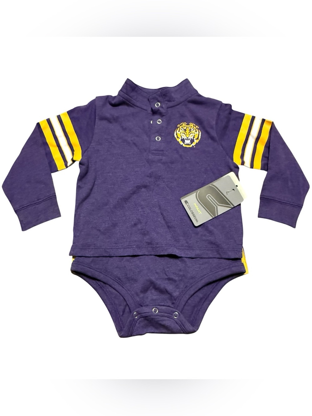 Tiger Baby Bodysuit 6-12M Purple Yellow Rugby Jersey Collared NWT